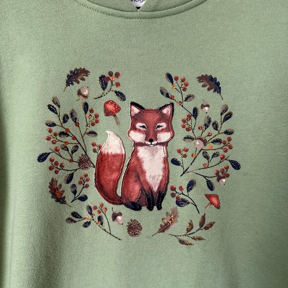 Breckenridge Vintage y2K Embellished Fox Sweatshirt Cottage Grandma Green SMALL - Picture 2 of 15